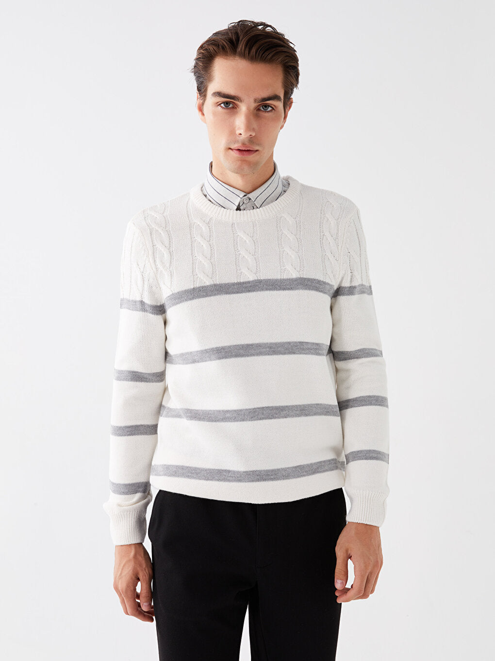 Crew Neck Long Sleeve Striped Men's Knitwear Sweater