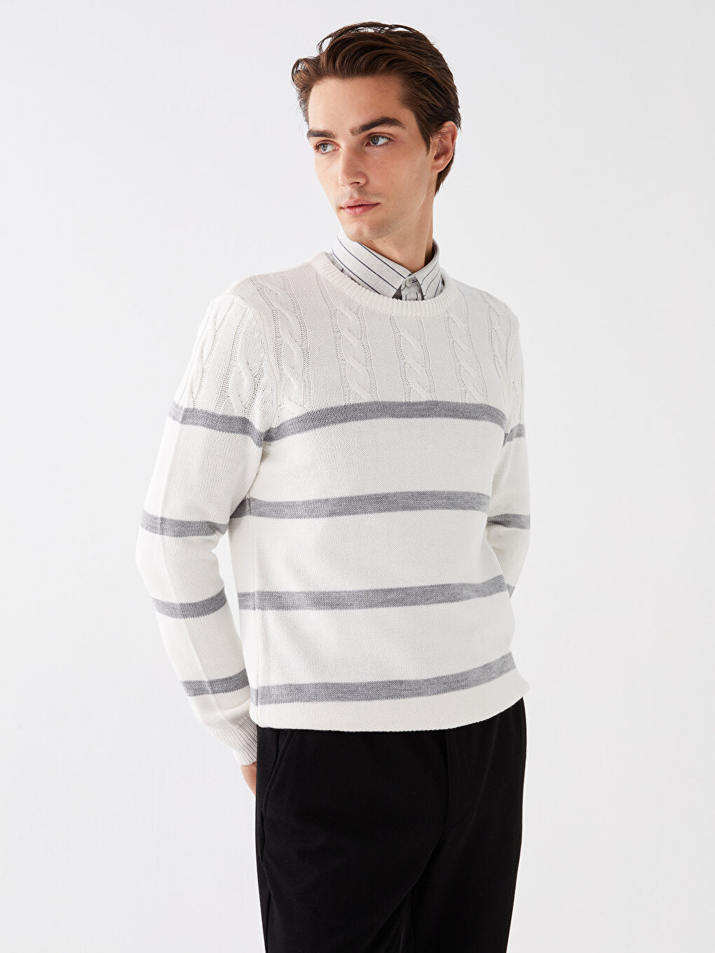 Crew Neck Long Sleeve Striped Men's Knitwear Sweater