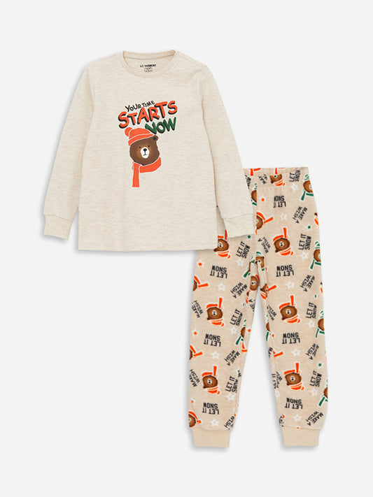 Crew Neck Printed Long Sleeve Boys' Pajama Set