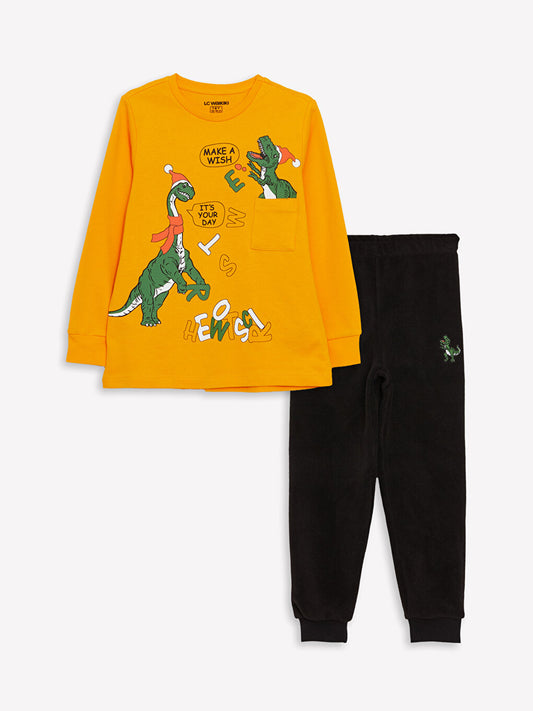 Crew Neck Printed Long Sleeve Boys' Pajama Set