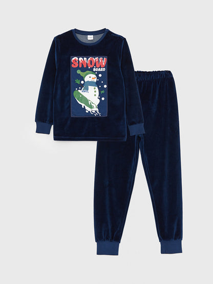 Crew Neck Embroidered Long Sleeve Velvet Boy's Pajama Set