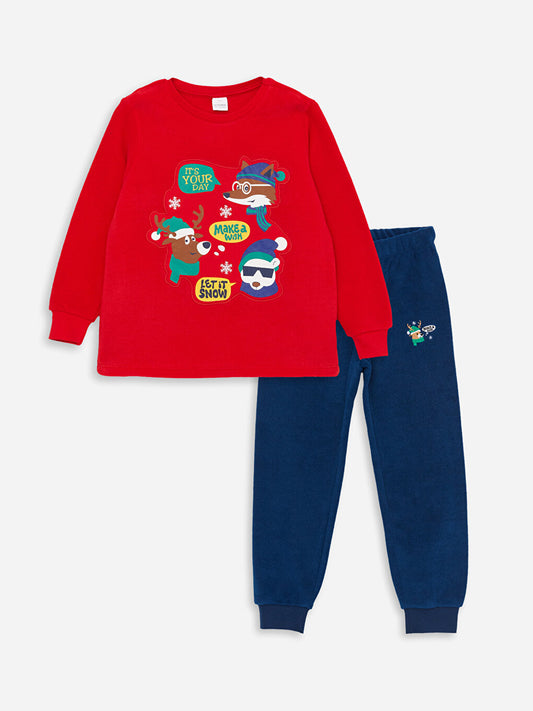 Crew Neck New Year's Themed Long Sleeve Fleece Boys' Pajama Set