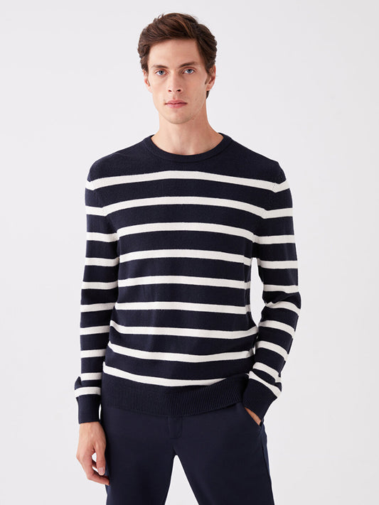 Crew Neck Long Sleeve Striped Men's Knitwear Sweater