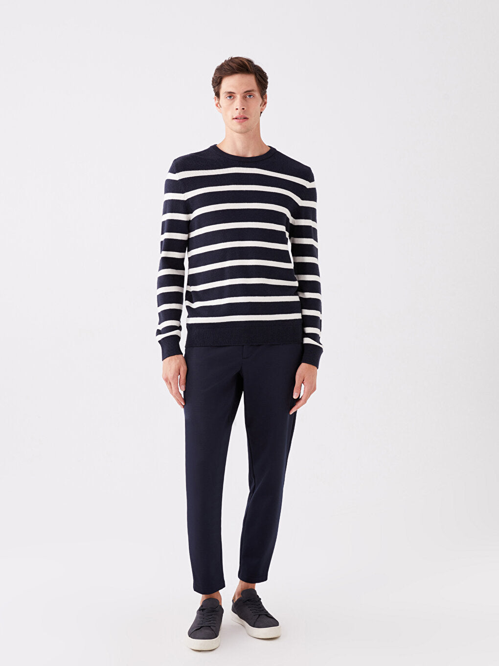 Crew Neck Long Sleeve Striped Men's Knitwear Sweater