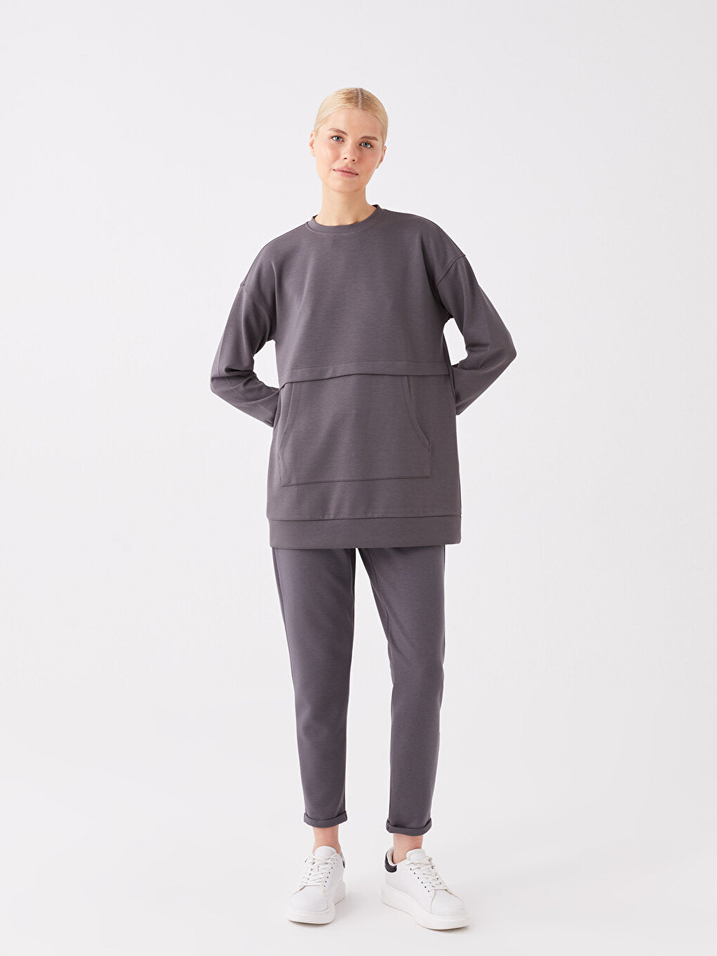 Crew Neck Plain Long Sleeve Oversize Women's Sweatshirt Tunic