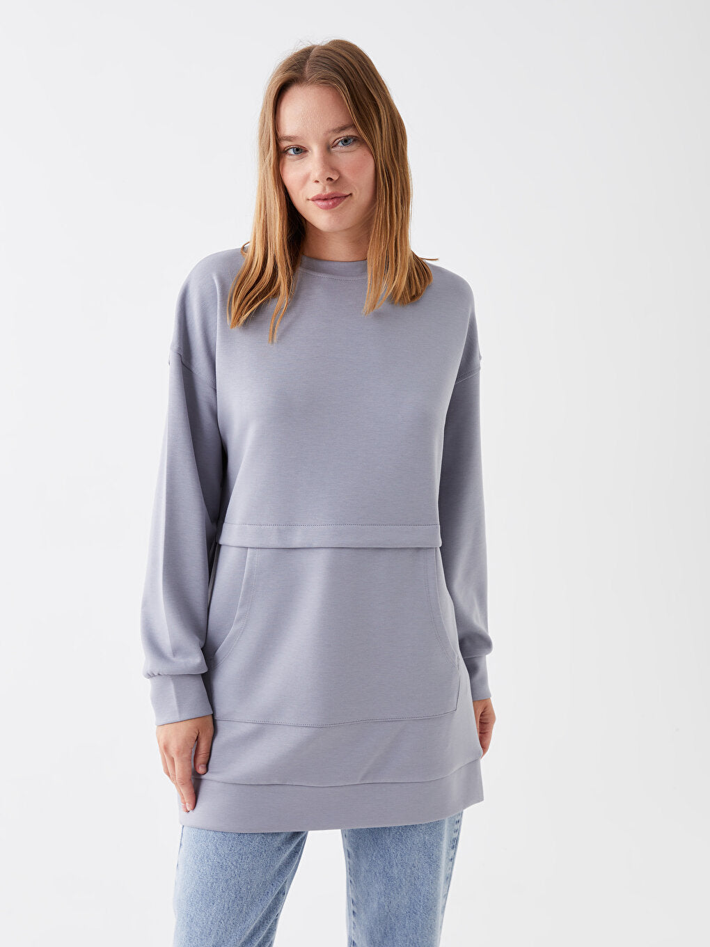 Crew Neck Plain Long Sleeve Oversize Women's Sweatshirt Tunic