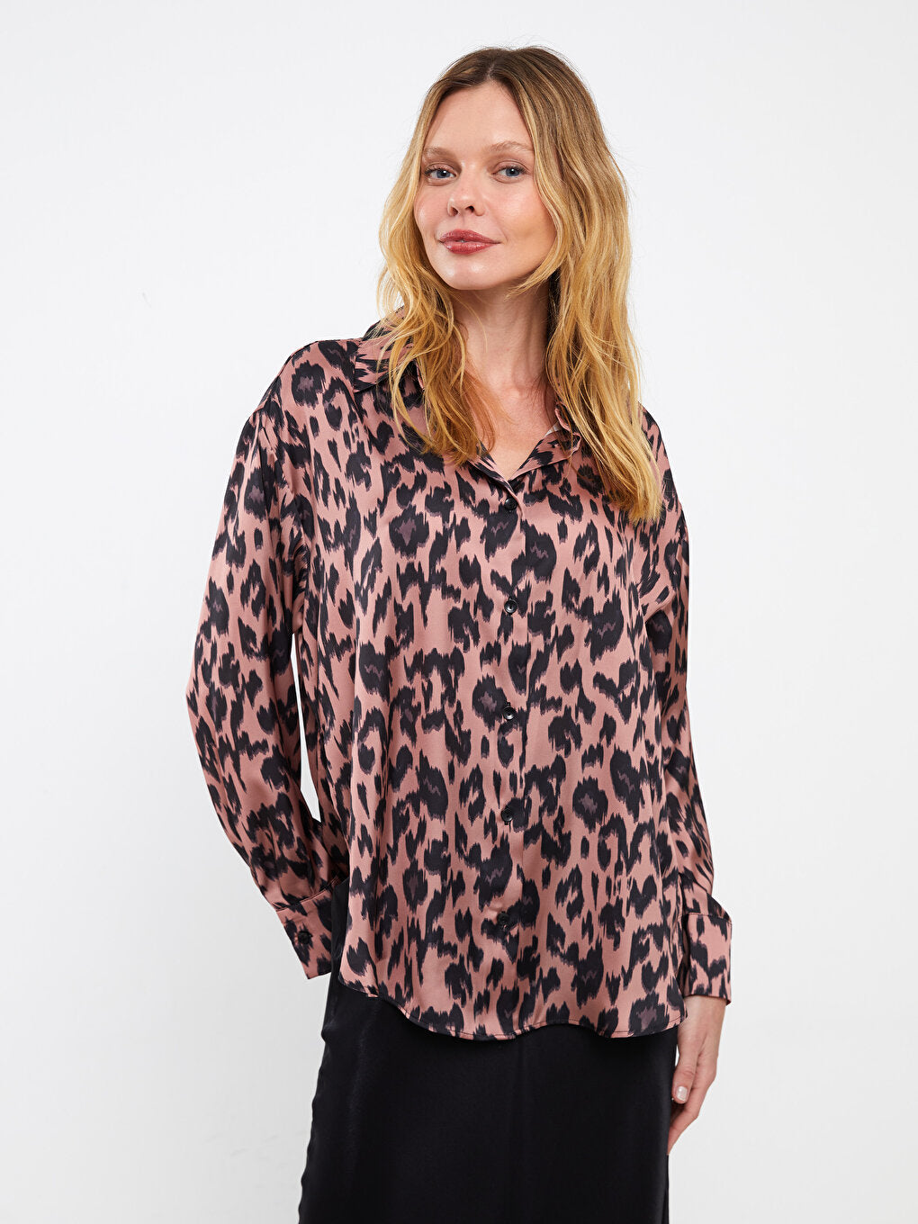 Patterned Long Sleeve Oversize Women's Satin Shirt