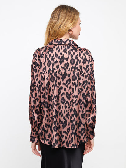 Patterned Long Sleeve Oversize Women's Satin Shirt