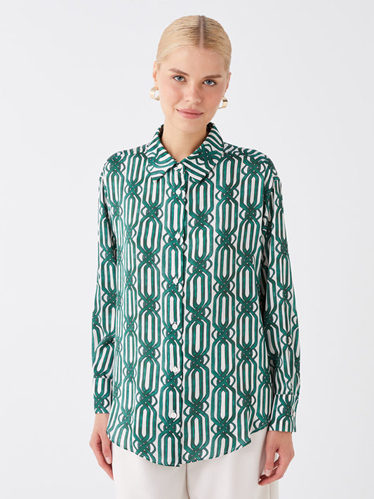 Patterned Long Sleeve Oversize Women's Satin Shirt