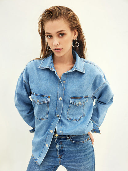 Plain Long Sleeve Oversize Women's Jean Shirt Jacket