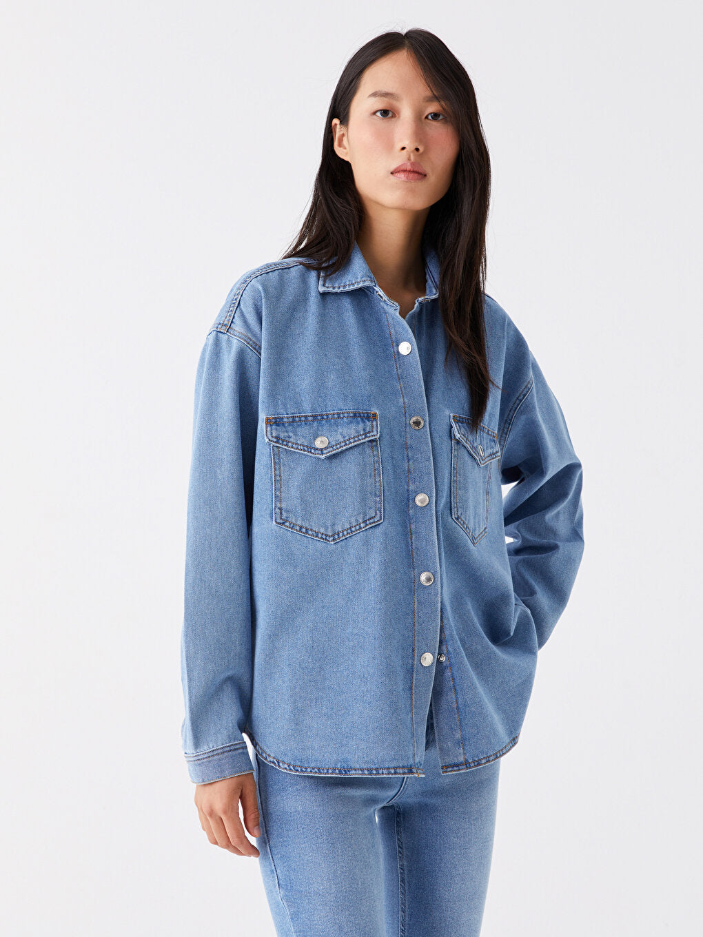 Plain Long Sleeve Oversize Women's Jean Shirt Jacket