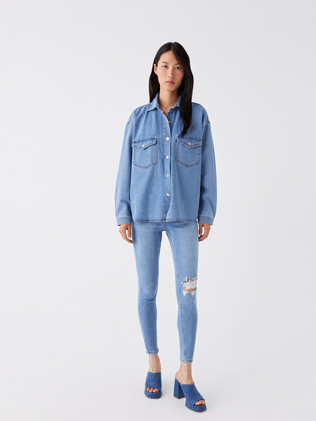 Plain Long Sleeve Oversize Women's Jean Shirt Jacket