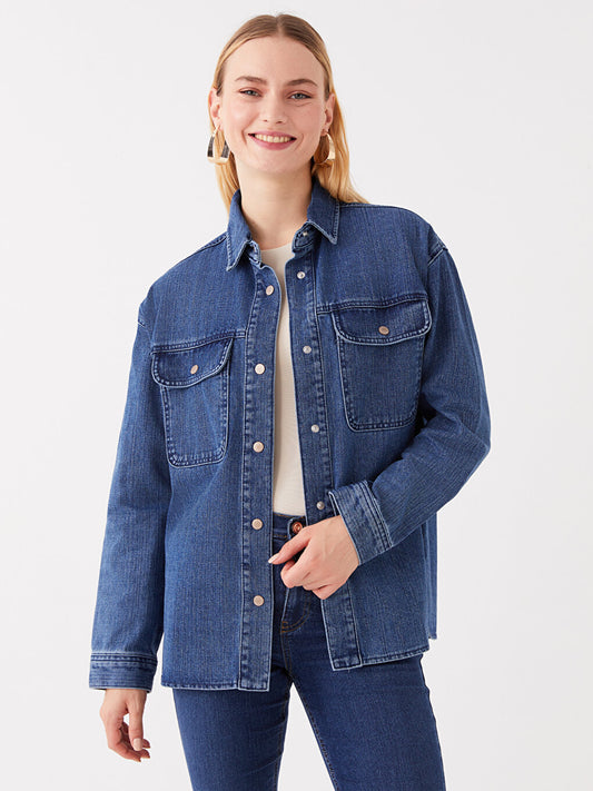 Plain Long Sleeve Oversize Women's Jean Shirt Jacket