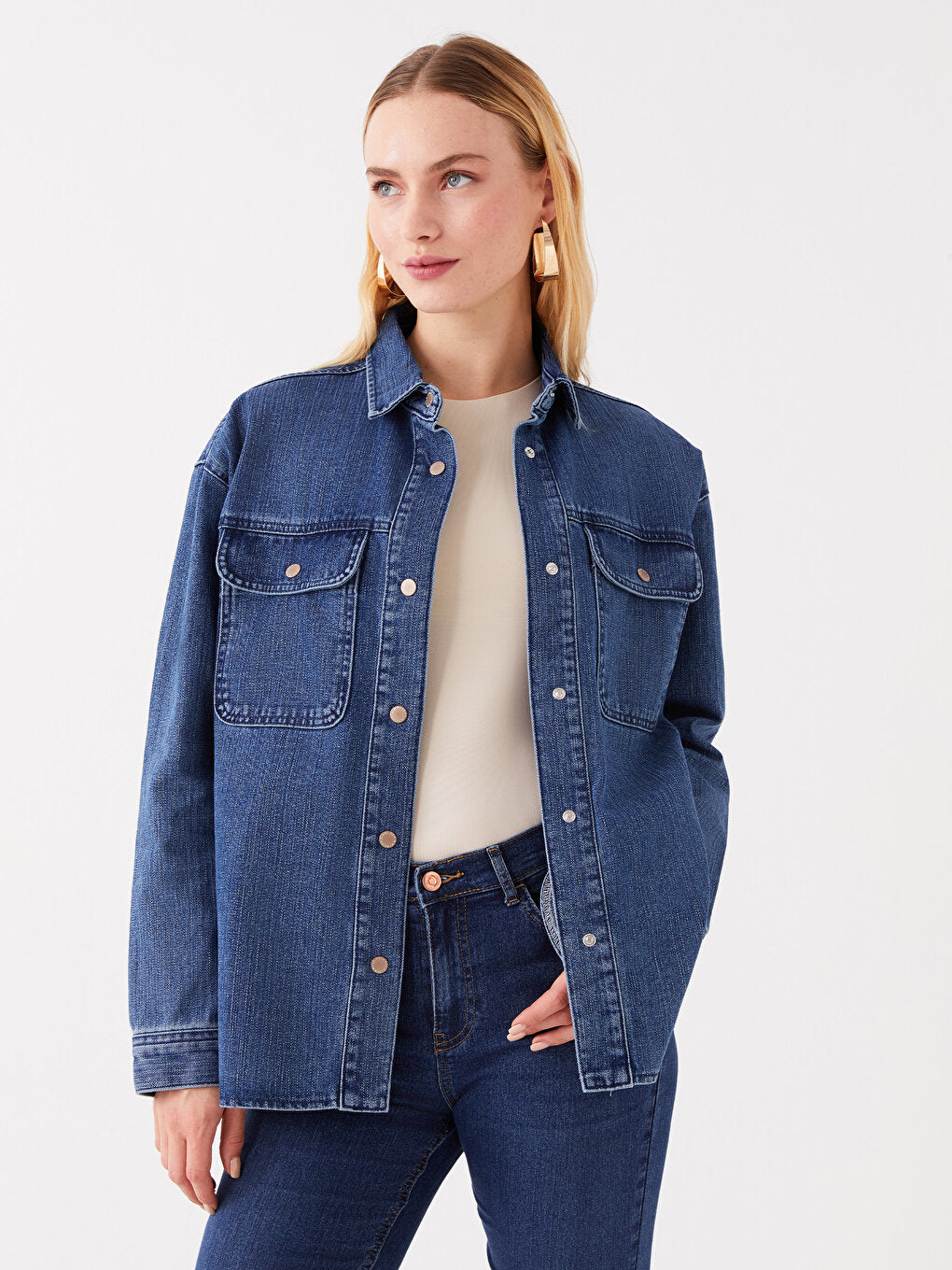 Plain Long Sleeve Oversize Women's Jean Shirt Jacket