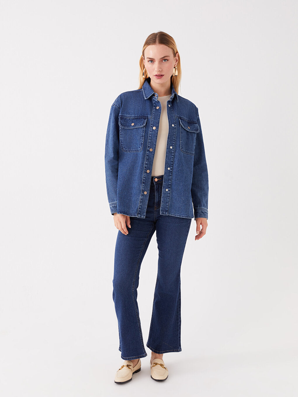 Plain Long Sleeve Oversize Women's Jean Shirt Jacket