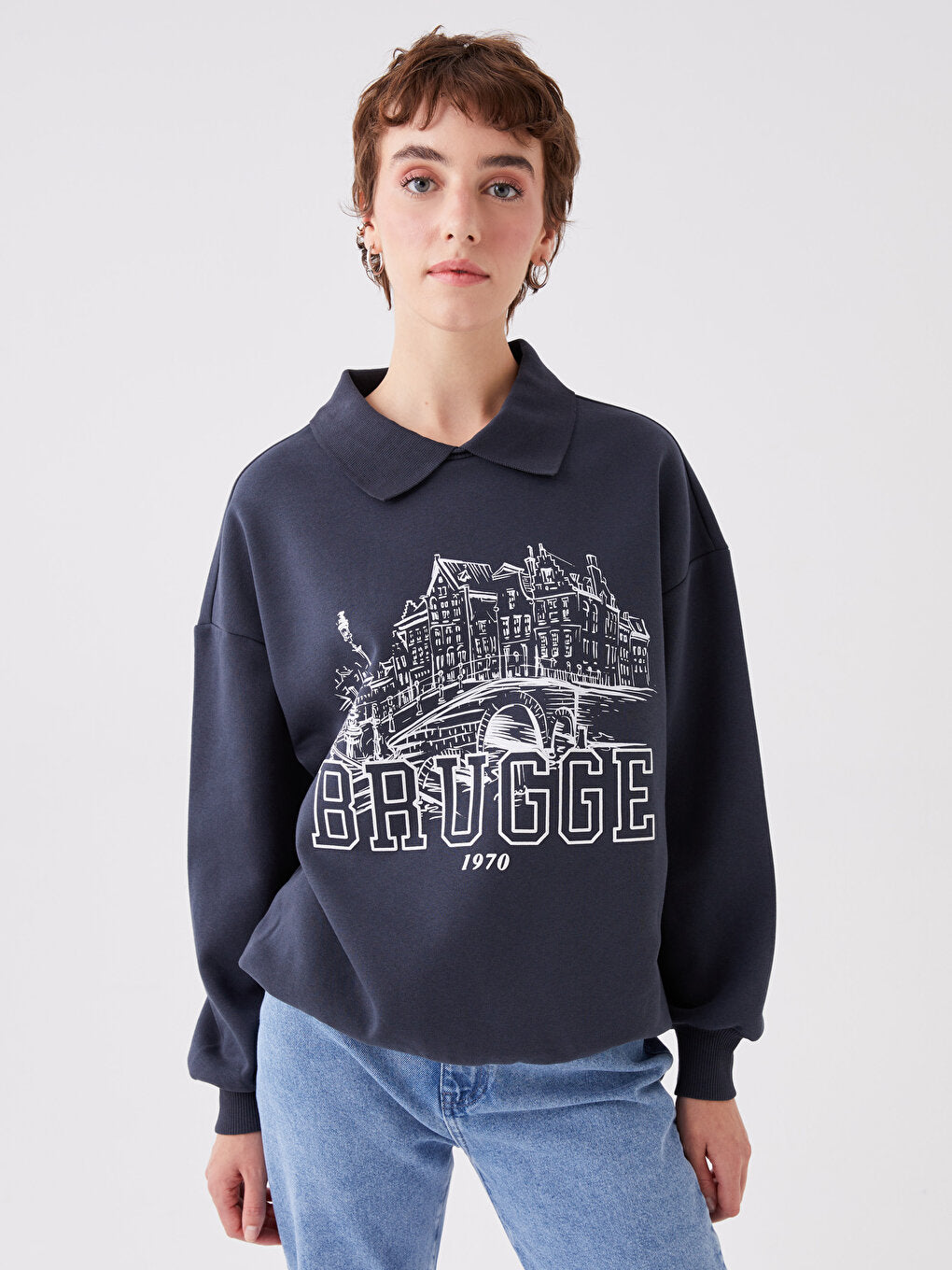 Polo Neck Printed Oversize Long Sleeve Women's Sweatshirt