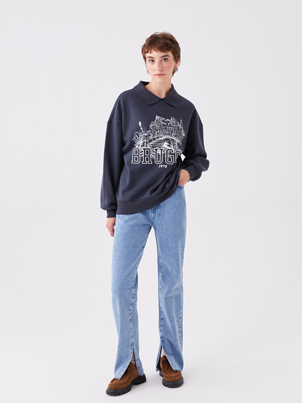 Polo Neck Printed Oversize Long Sleeve Women's Sweatshirt