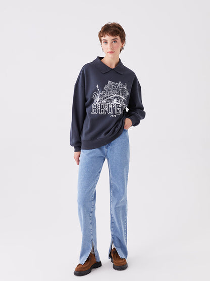 Polo Neck Printed Oversize Long Sleeve Women's Sweatshirt