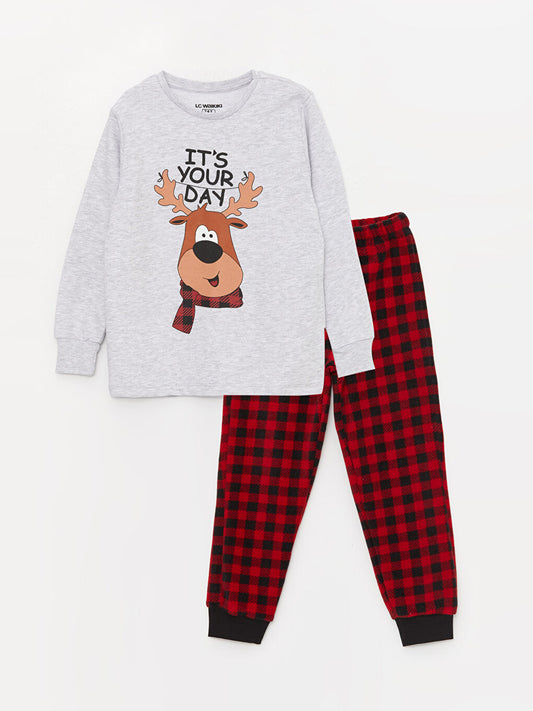 Crew Neck New Year's Themed Long Sleeve Boy's Pajama Set