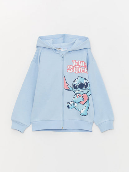 Hooded Lilo and Stitch Printed Long Sleeve Girls' Zippered Sweatshirt