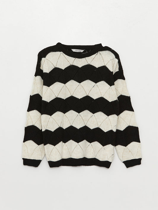 Crew Neck Striped Long Sleeve Girl's Knitwear Sweater