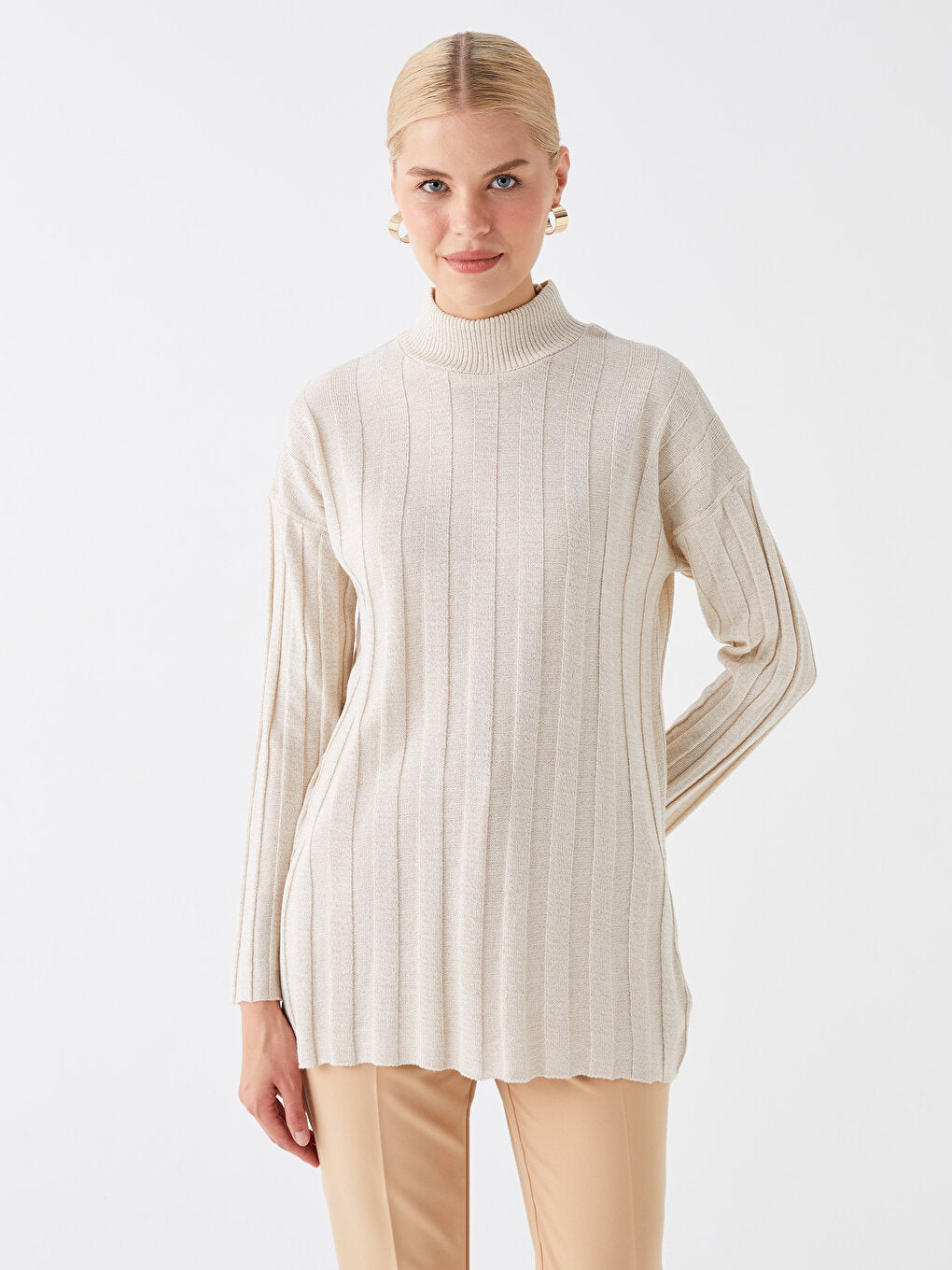 Half Turtleneck Plain Long Sleeve Women's Knitwear Tunic