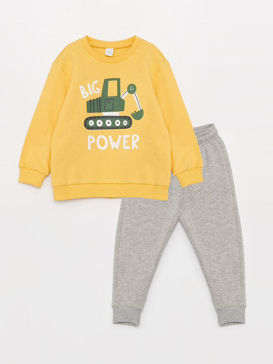 Crew Neck Long Sleeve Printed Baby Boy Sweatshirt and Tracksuit Bottom 2-Piece Set