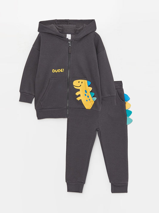 Hooded Long Sleeve Printed Baby Boy Zipper Sweatshirt and Pants 2-Piece Set