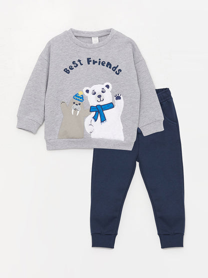 Crew Neck Long Printed Baby Boy Sweatshirt and Trousers 2-Piece Set