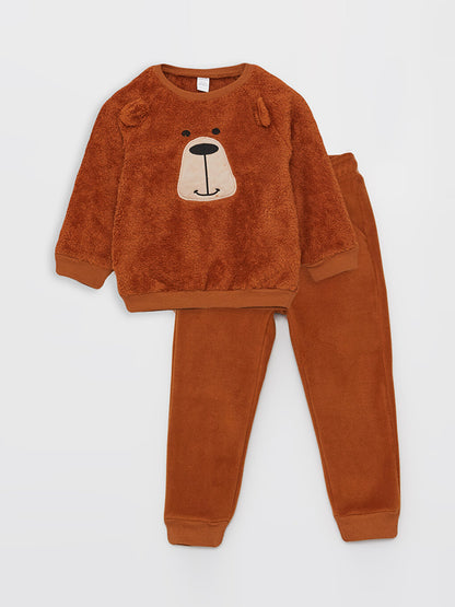 Crew Neck Long Sleeve Embroidered Plush Baby Boy Sweatshirt and Sweatpants