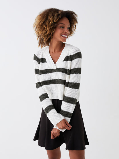 Double Breasted Neck Striped Long Sleeve Women's Knitwear Sweater