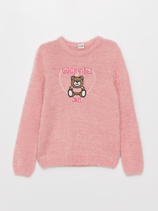 Crew Neck Embroidered Long Sleeve Girl's Knitwear Sweater