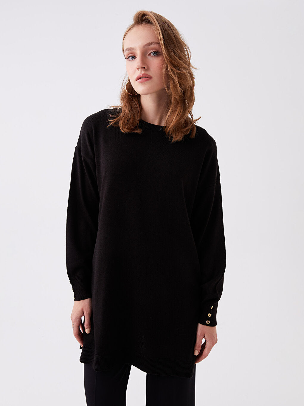 Crew Neck Plain Long Sleeve Women's Knitwear Tunic