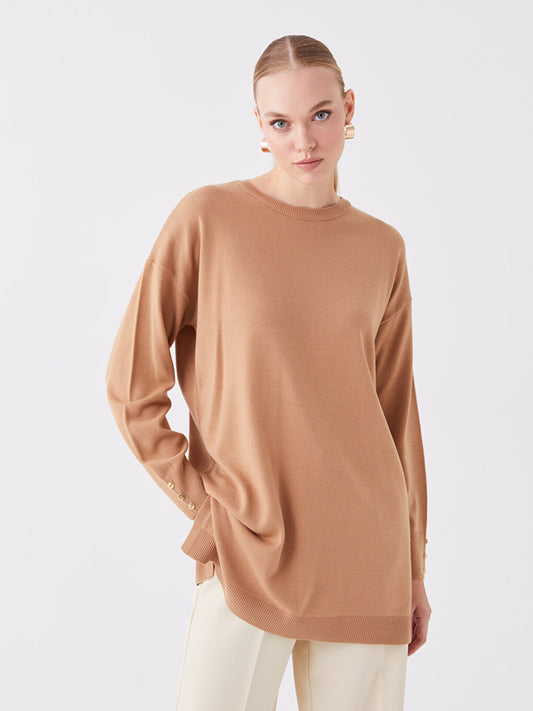 Crew Neck Plain Long Sleeve Women's Knitwear Tunic