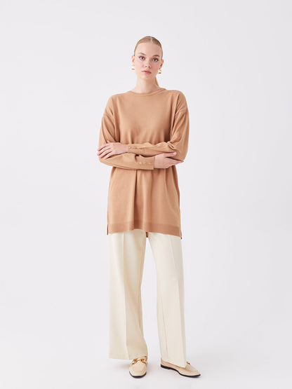 Crew Neck Plain Long Sleeve Women's Knitwear Tunic