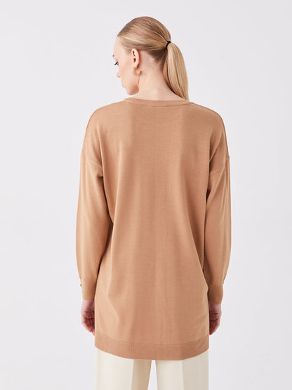 Crew Neck Plain Long Sleeve Women's Knitwear Tunic