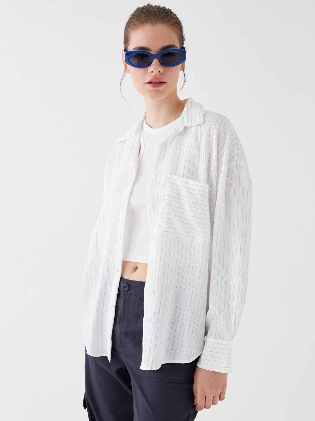 Striped Long Sleeve Oversize Poplin Women's Shirt