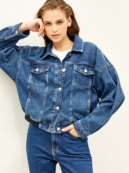 Shirt Collar Plain Long Sleeve Oversize Women's Jean Jacket