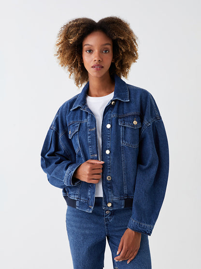 Shirt Collar Plain Long Sleeve Oversize Women's Jean Jacket