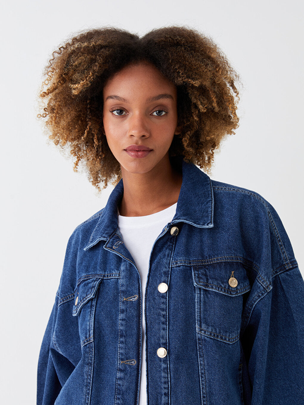 Shirt Collar Plain Long Sleeve Oversize Women's Jean Jacket