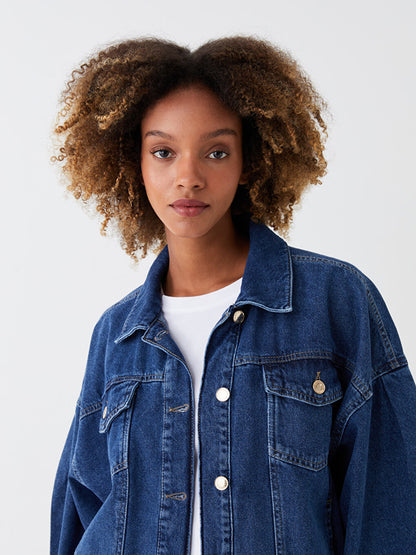 Shirt Collar Plain Long Sleeve Oversize Women's Jean Jacket