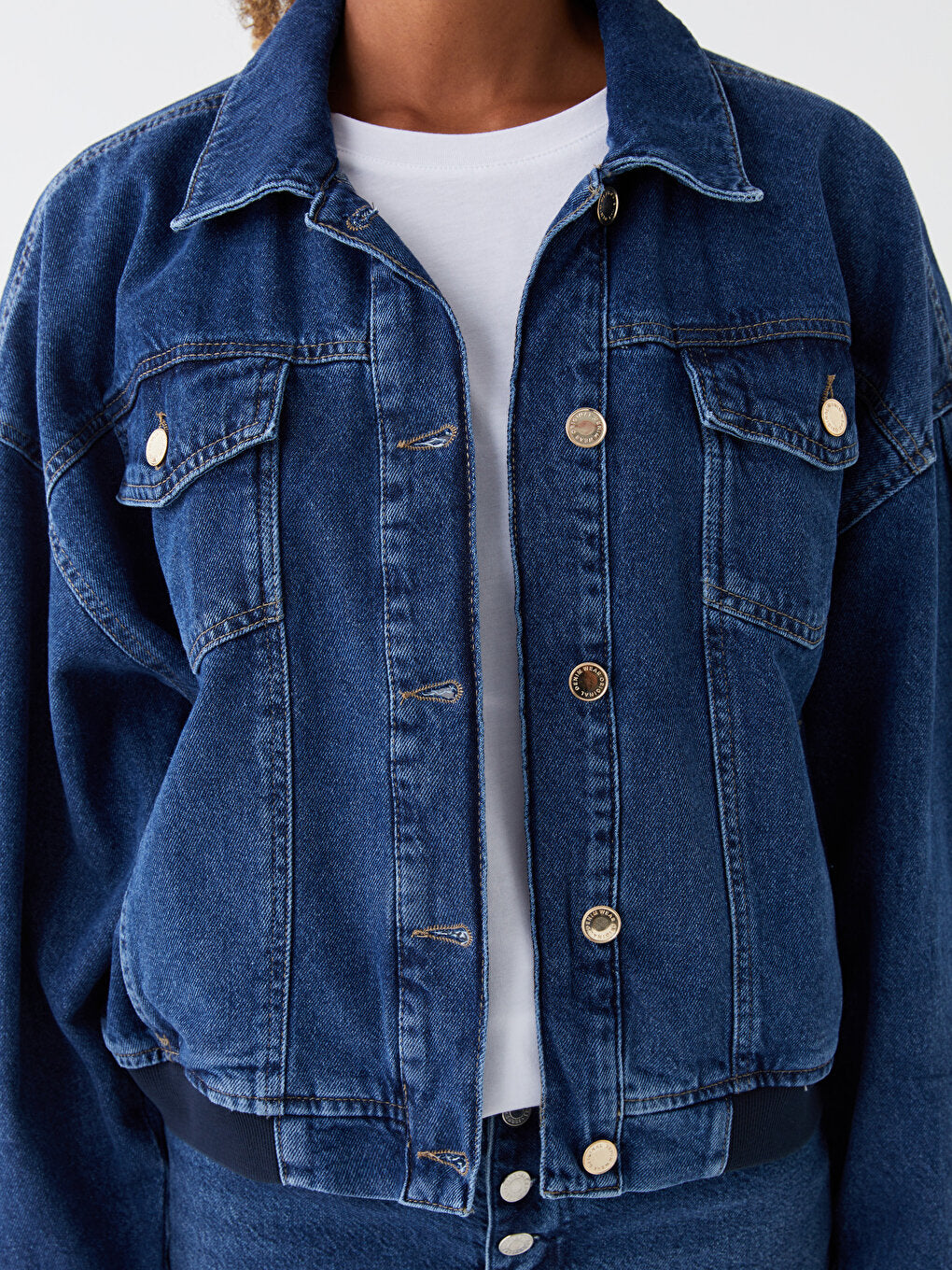 Shirt Collar Plain Long Sleeve Oversize Women's Jean Jacket