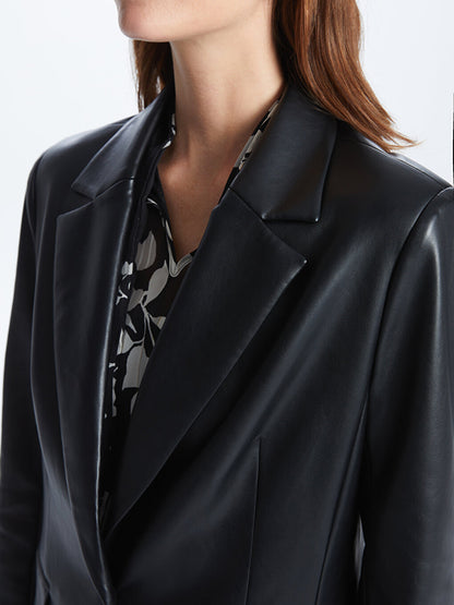 Plain Long Sleeve Leather Look Women's Blazer Jacket