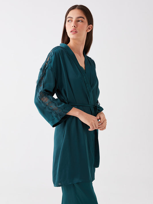 Shawl Collar Lace Detailed Satin Women's Dressing Gown