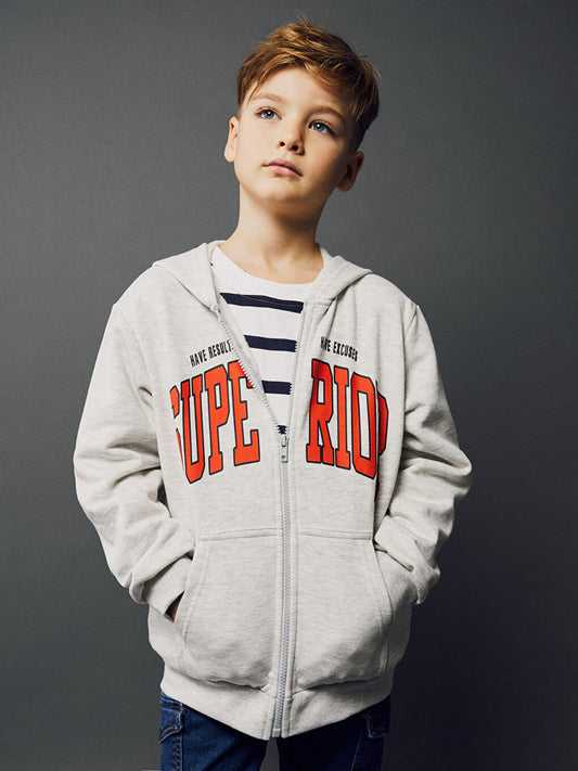 Hooded Printed Long Sleeve Boy's Zipper Sweatshirt