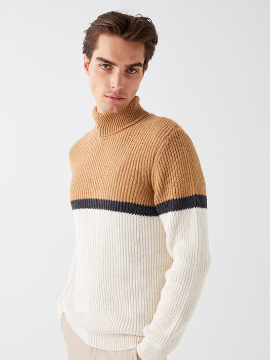 Turtleneck Long Sleeve Color Block Men's Knitwear Sweater