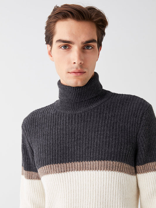 Turtleneck Long Sleeve Color Block Men's Knitwear Sweater