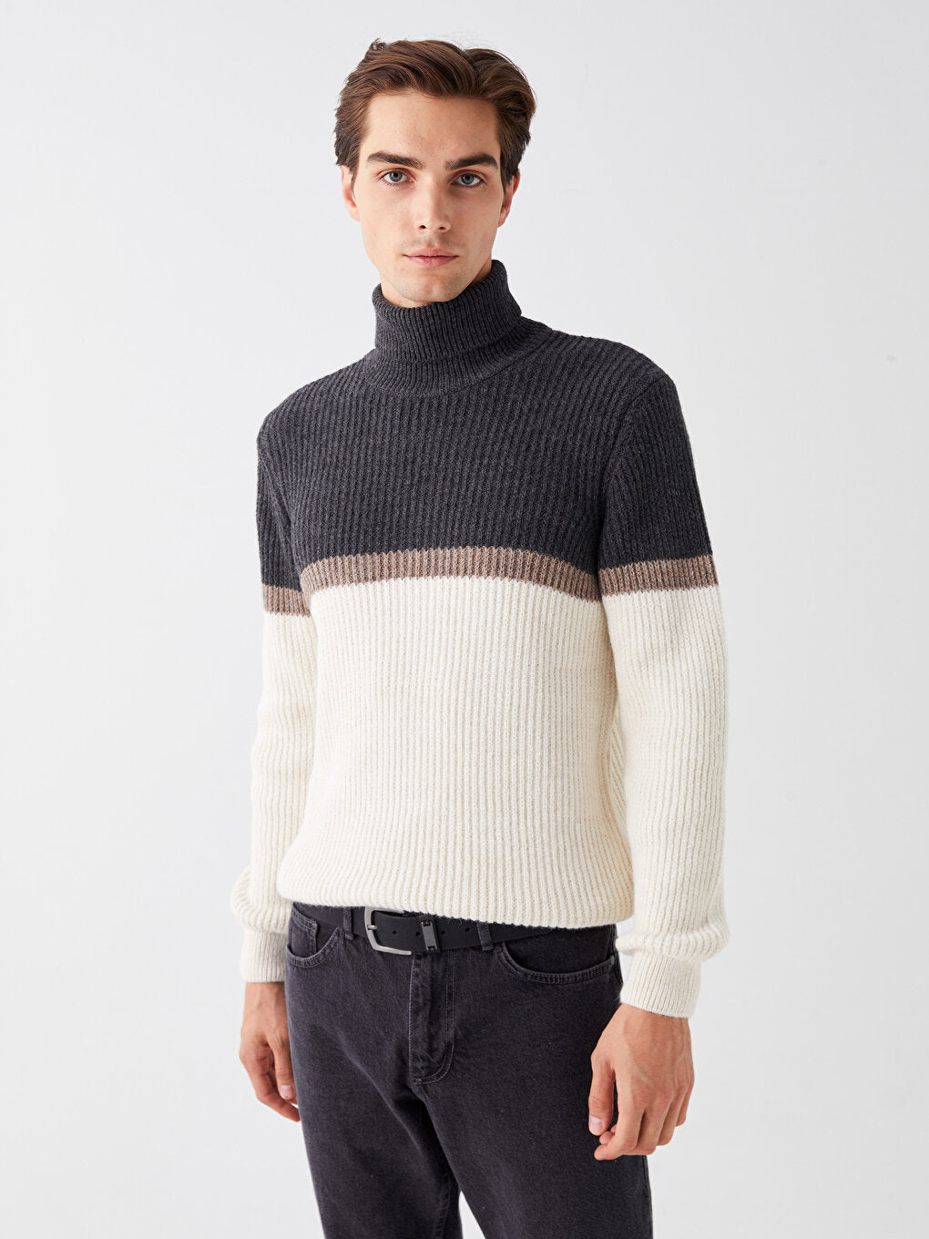 Turtleneck Long Sleeve Color Block Men's Knitwear Sweater