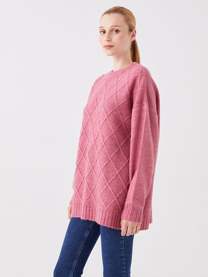 Crew Neck Self-Patterned Long Sleeve Women's Knitwear Tunic