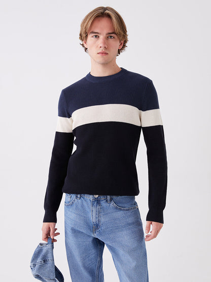 Crew Neck Long Sleeve Color Block Men's Knitwear Sweater